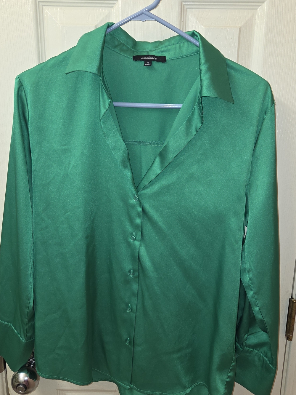 Ambiance Satin Button-Down Shirt in Emerald Green